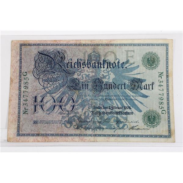 122 1908 Germany 100 Reichsmarks Banknote Bill