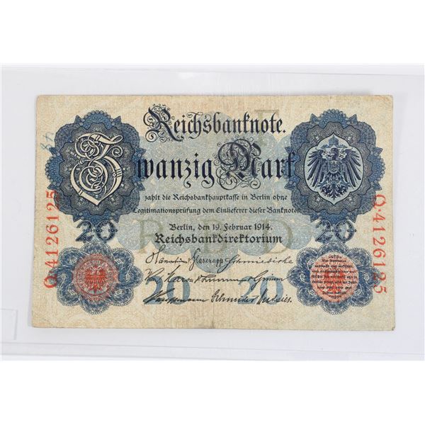 #125 WW1 Imperial German 20 Mark Banknote Bill