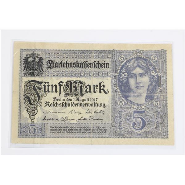 #126 WW1 Imperial German 5 Mark Banknote Bill
