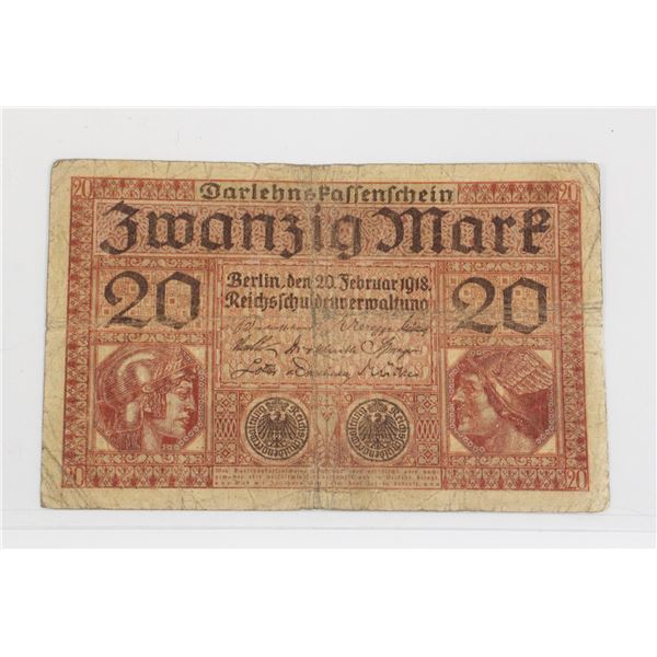 #127 WW1 Imperial German 20 Mark Banknote Bill