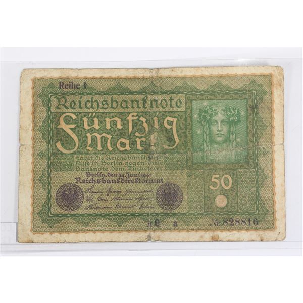 #128 Weimar Germany 1919 50 Mark Banknote Bill