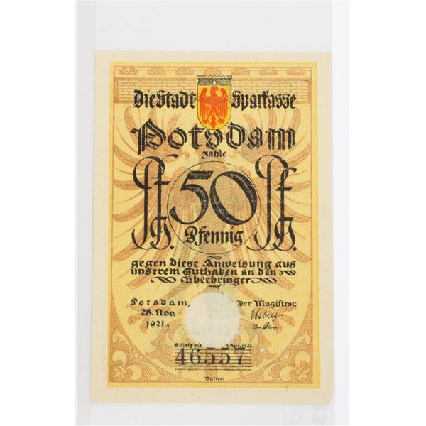 #130 Weimar German 1921 50 Pfennig Potsdam Bill