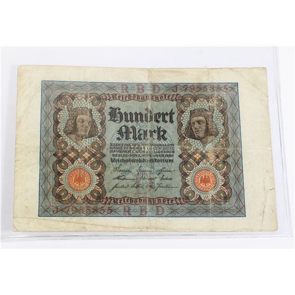 131 Weimar German 1920 100 Mark Banknote Bill