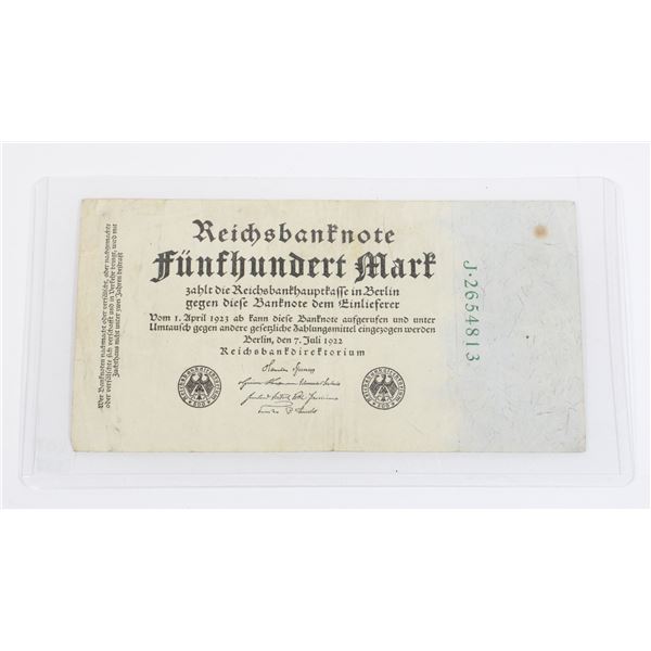 #132 Weimar German 1923  500 Marks Banknote Bill