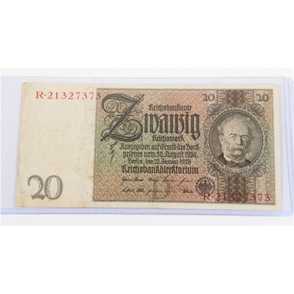 #139 Weimar German 1929 20 Reichsmarks Banknote