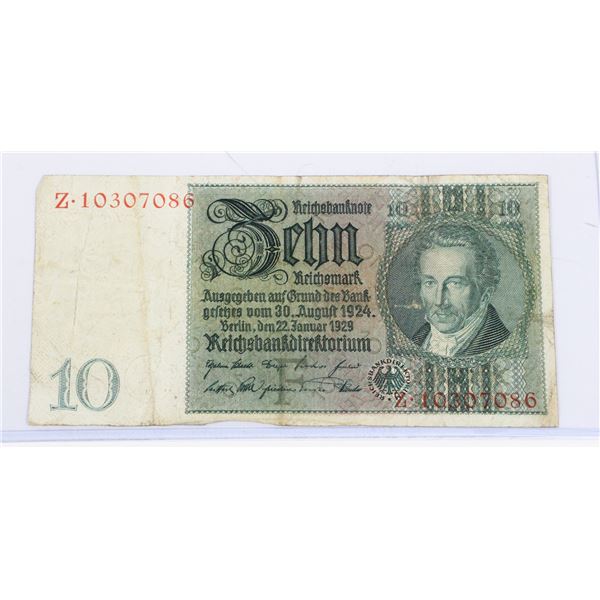 140 Weimar German 1929 10 Reichsmarks Banknote