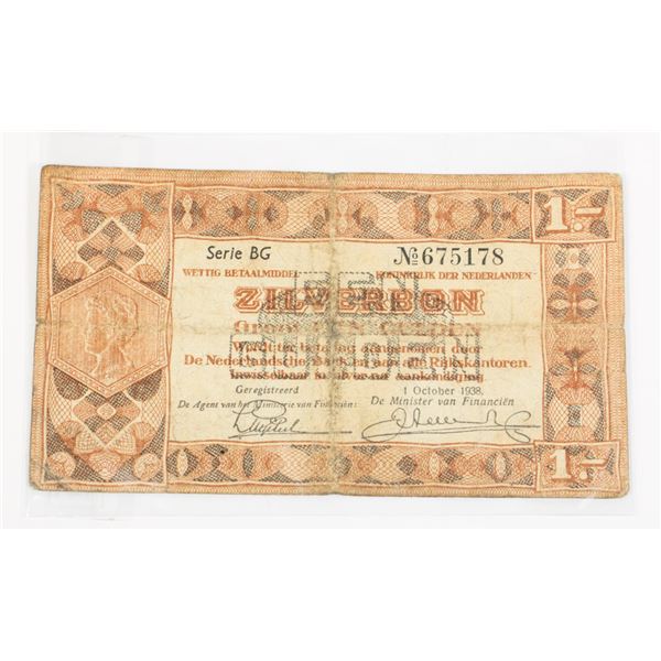 #141 Netherlands 1938 1 Gulden Silver Voucher Bill
