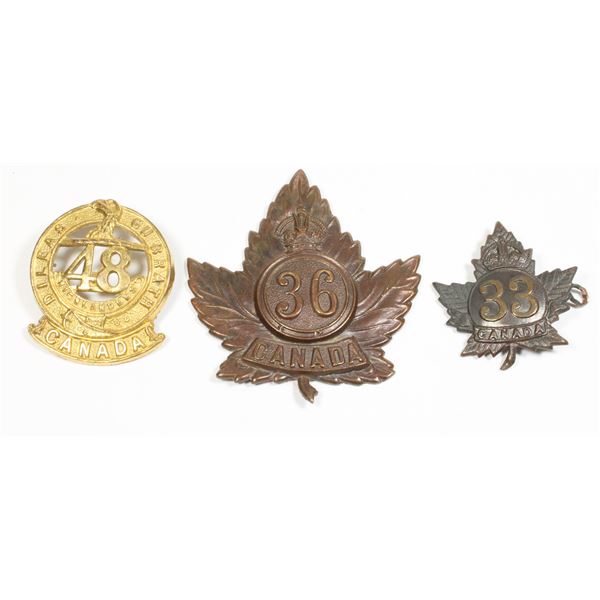 #534 3 Worn WW1 badges 33rd 36th 48th CEF