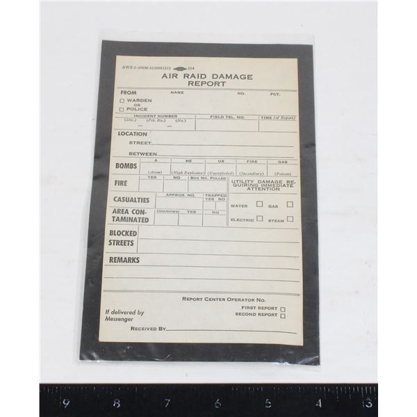 #1185 WW2 Unused Air Raid Damage Report
