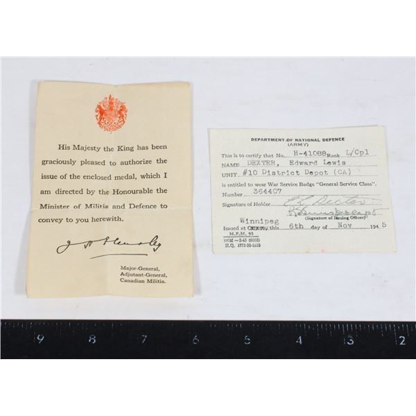#1186 WW2 Canadian War Service Badge Document