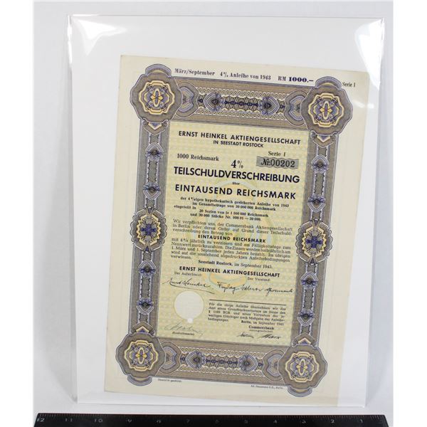#1194 WW2 1943 German War Bond Certificate Heinkel