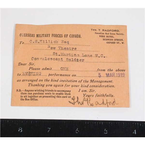 #1199 WW1 Canadian Performance Ticket England