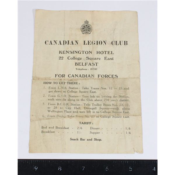 #1201 WW2 Canadian Legion Club Belfast Document