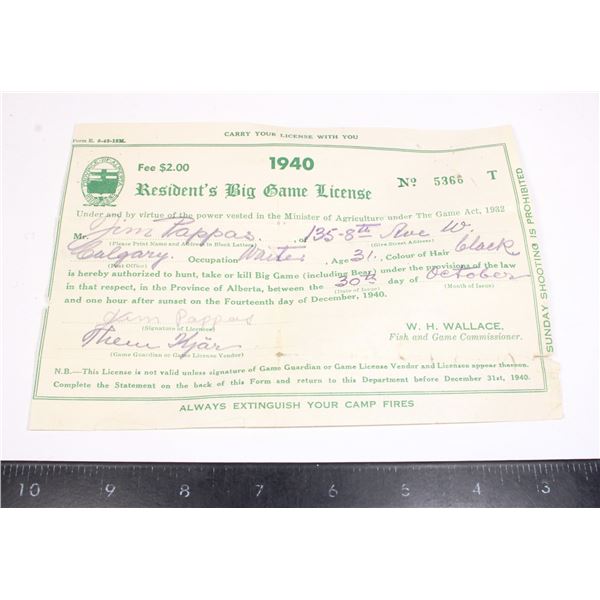 #1507 1940 Alberta Residents Big Game License