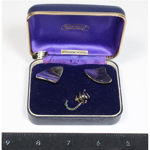#1714 Men's Rhodium Plated Cufflinks Tie Pin