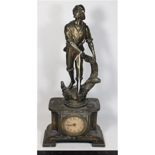 #1840 1800's Antique Metal Fisherman Clock Statue