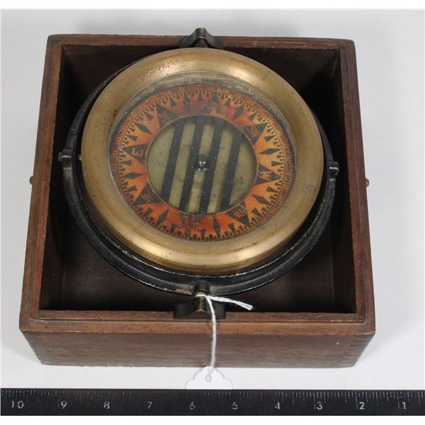 #1853 Antique Nautical Compass in wood case