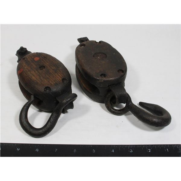 #1856 Antique Iron & Wood Pulley Hook lot of 2