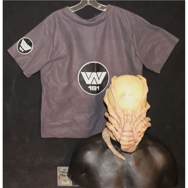 ALIEN 3 WEYLAND SHIRT AND BREATHING FACEHUGGER MASK 1993 VINTAGE HALLOWEEN COSTUME