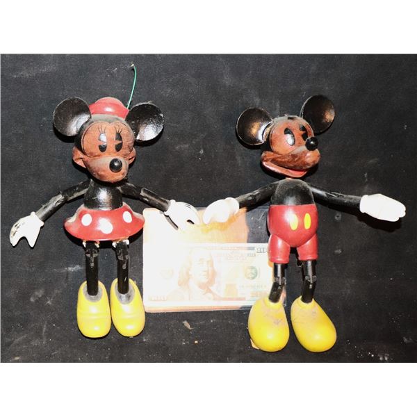 ZZ DISNEY MICKY AND MINNIE MOUSE RARE HAND CARVED WOOD POSABLE FIGURINES