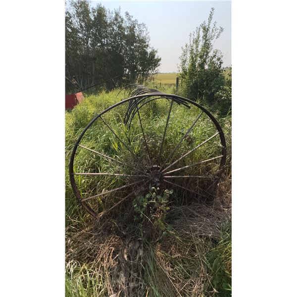 Antique Steel Hay Rake with Large Spoked Wheels