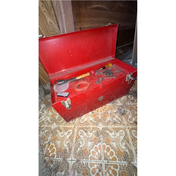 Beach Red Metal Tool Box with Assorted Tools