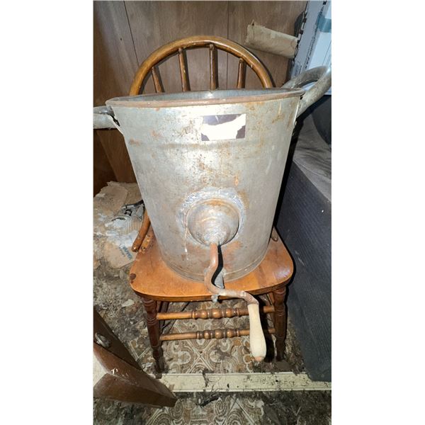 Antique Manual Metal Butter Churn with Wooden Paddle