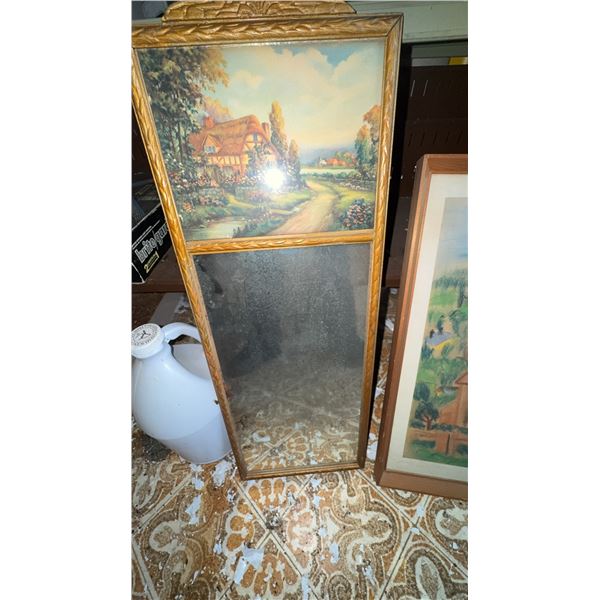 Framed Wall Mirror With Countryside Print & Framed Pastel Village Artwork