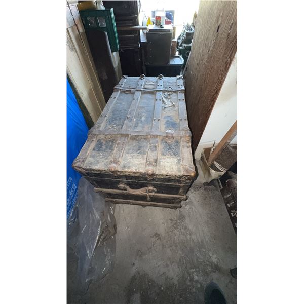 Large Wood and Metal Steamer Trunk with Contents