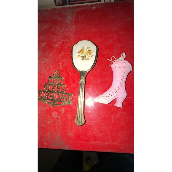 Lot: Ornate Hairbrush, Brass Wall Plaque, Pink Plastic Boot