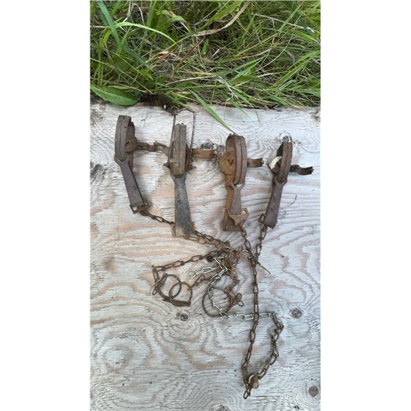 Four Vintage Metal Animal Traps with Chains
