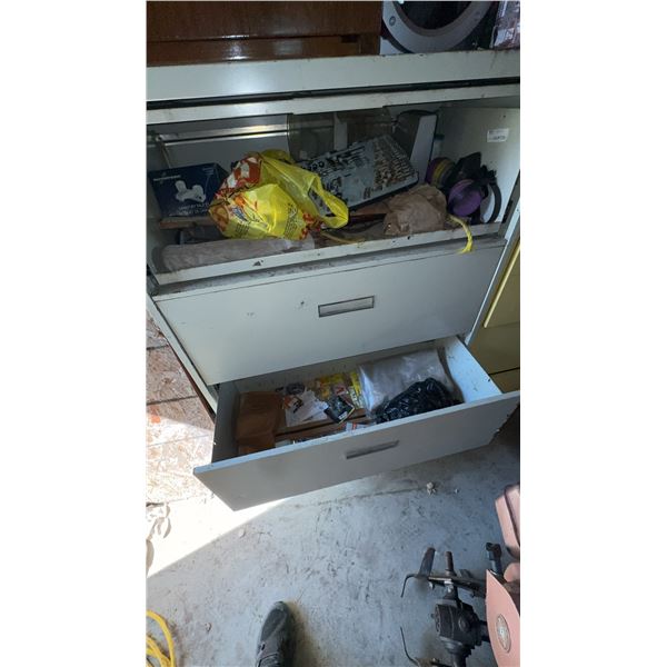 Garage Cabinet Contents with Stereo, Bottles, Tools, and Hardware