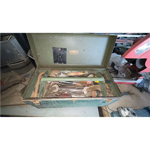 Green Metal Toolbox With Assorted Hand Tools