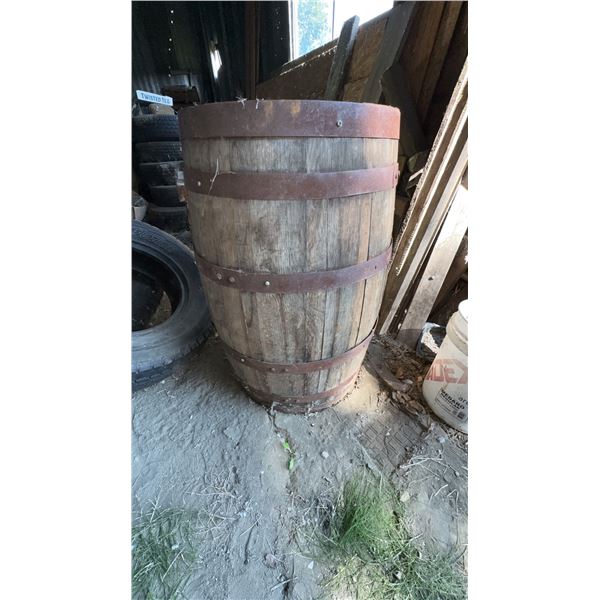 Wooden Barrel with Metal Hoops, 36" x 24"