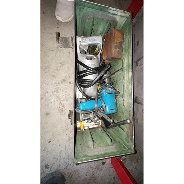 Metal Tool Box With Power Drill, Jigsaw, and Assorted Tools