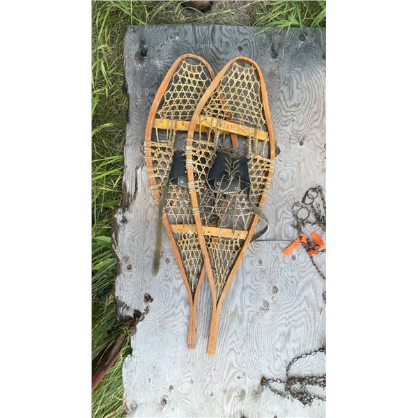 Traditional Wood and Rawhide Snowshoes with Leather Bindings
