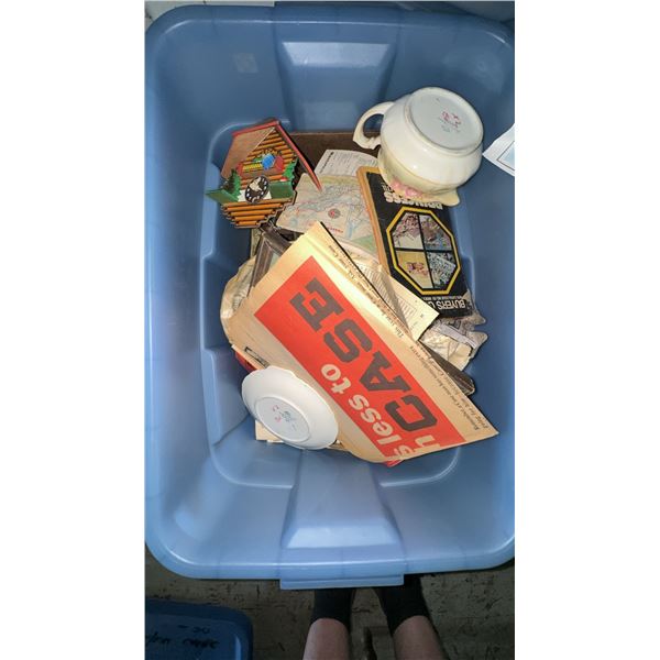 Bin of Assorted Collectibles, Books, Ceramics and Clock