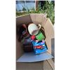 Image 1 : Box Lot with Stoneware Jugs, Toy Car, DVDs, Tin, and Sign