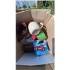 Image 2 : Box Lot with Stoneware Jugs, Toy Car, DVDs, Tin, and Sign