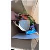 Image 3 : Box Lot with Stoneware Jugs, Toy Car, DVDs, Tin, and Sign