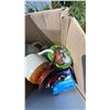 Image 4 : Box Lot with Stoneware Jugs, Toy Car, DVDs, Tin, and Sign