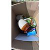 Image 5 : Box Lot with Stoneware Jugs, Toy Car, DVDs, Tin, and Sign