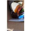 Image 6 : Box Lot with Stoneware Jugs, Toy Car, DVDs, Tin, and Sign