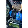 Image 8 : Box Lot with Stoneware Jugs, Toy Car, DVDs, Tin, and Sign
