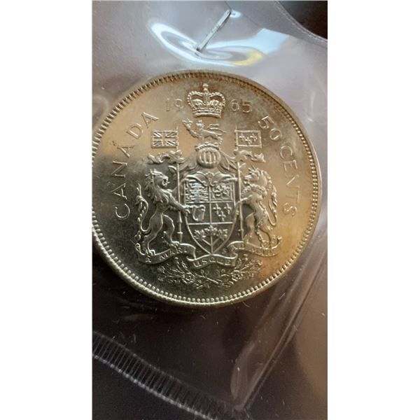 1965 Canada 50 Cents Coin, 80% Silver, Coat of Arms Design