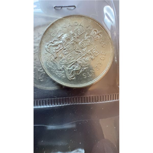 1965 Canada 50 Cents 80% Silver Coin, 11.66g, Coat of Arms Reverse