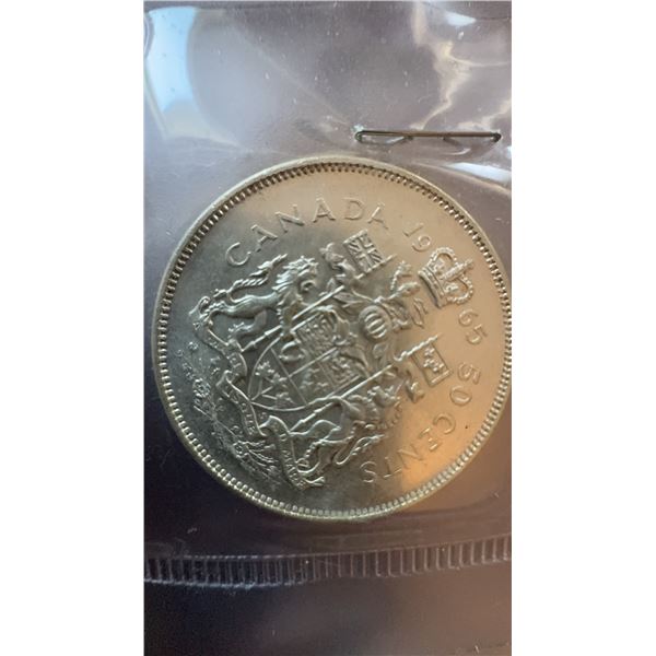 1965 Canada 50 Cents Silver Coin, Elizabeth II, 80% Silver