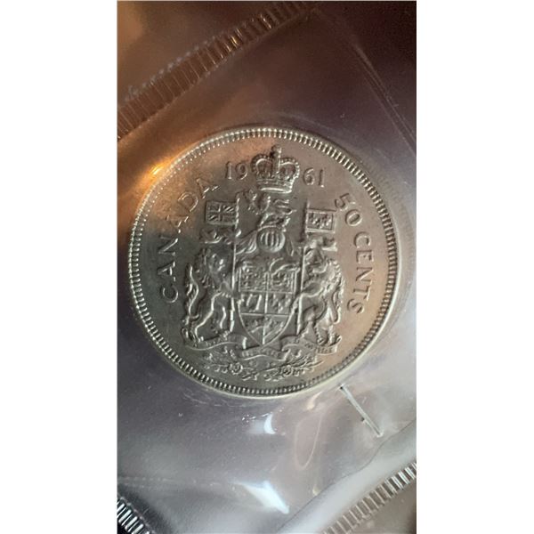 1961 Canada 50 Cents Silver Coin, Elizabeth II, 80% Silver, 11.66g