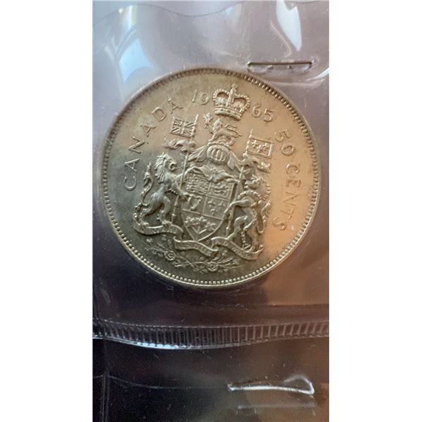 1965 Canada 50 Cents 80% Silver Coin With British Arms Design