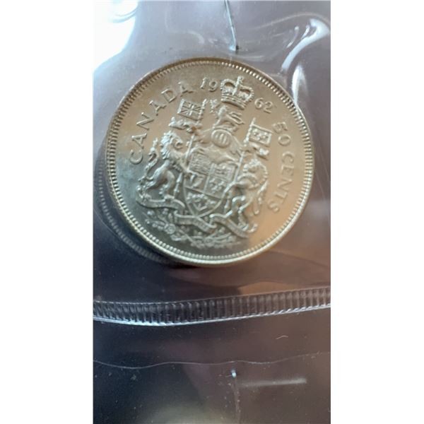 1962 Canada 50 Cents Silver Coin, 80% Silver, British Arms Reverse